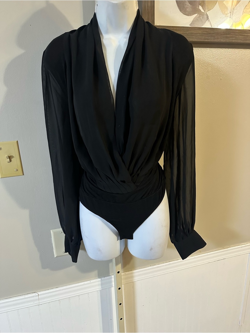 Elegant Black Draped Long-Sleeve Bodysuit